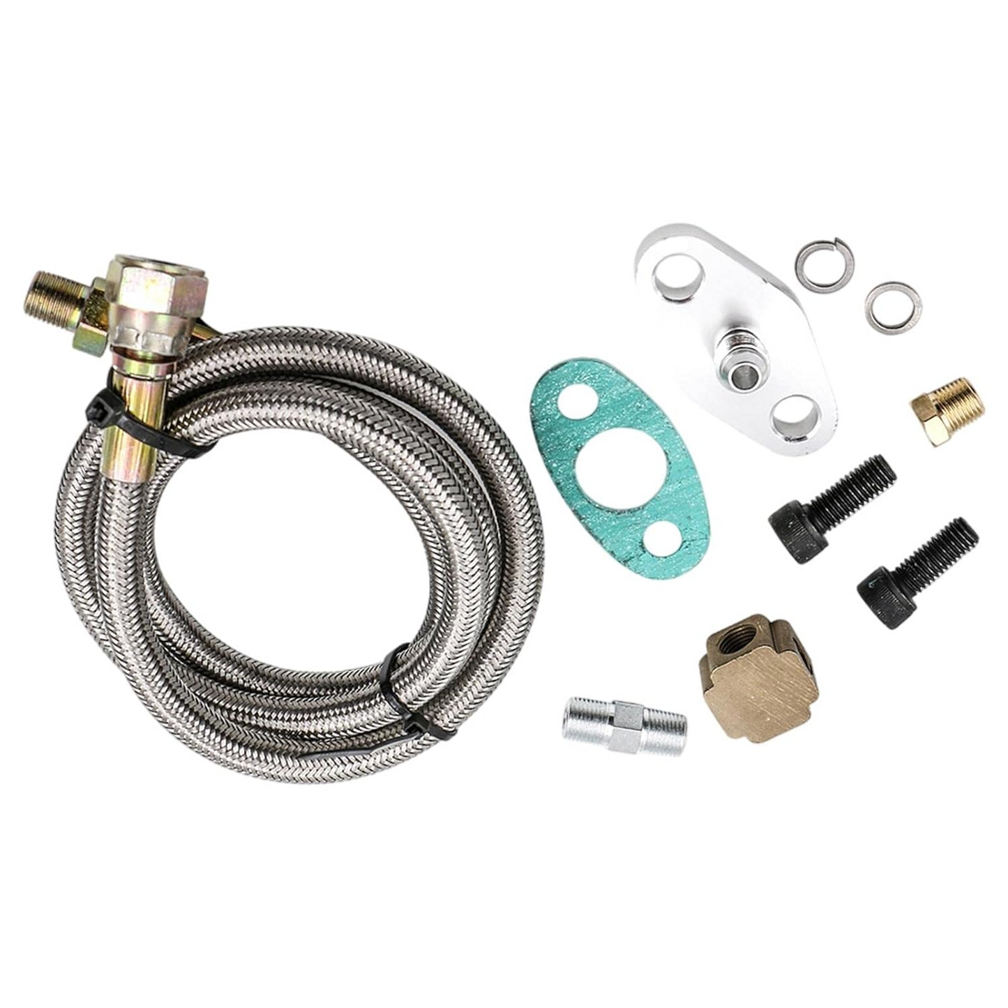 Turbo oil feed line adapter kit installed on a turbocharger
