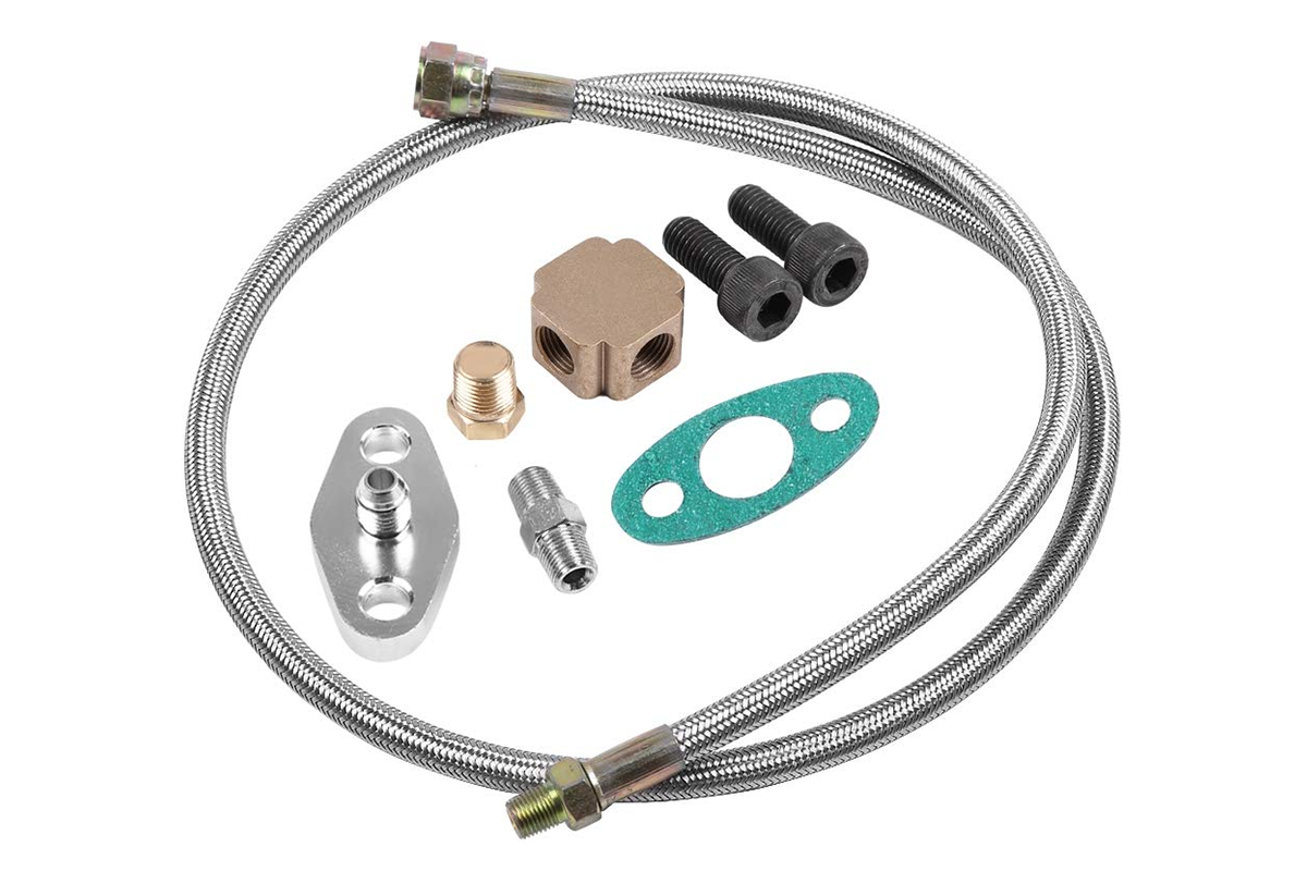 Close up of turbo oil feed line braided stainless steel hose