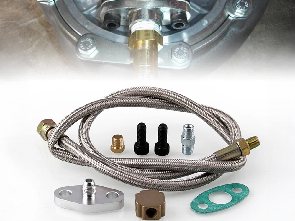 Side view of turbo oil feed line kit with 2-bolt flange and AN4 fitting
