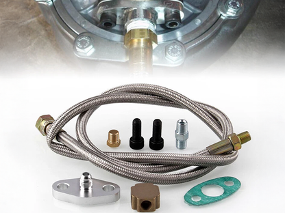 Side view of turbo oil feed line kit with 2-bolt flange and AN4 fitting