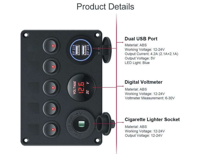 Aluminium faceplate detail on rocker switch panel