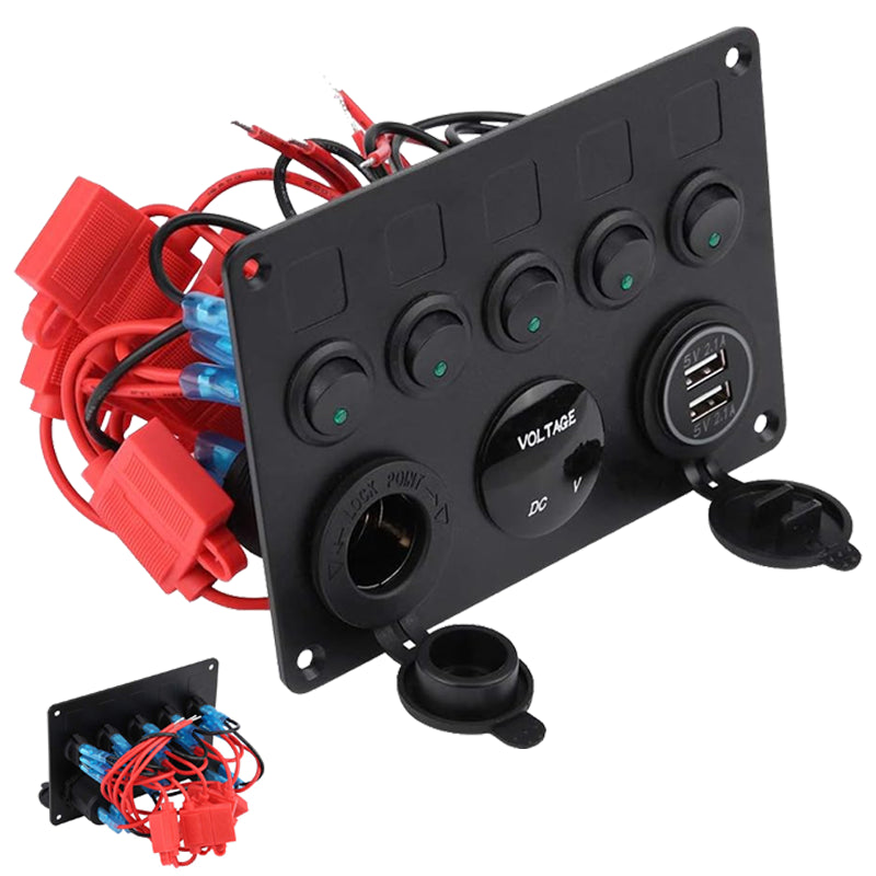 Front view of 5 gang rocker switch panel in black