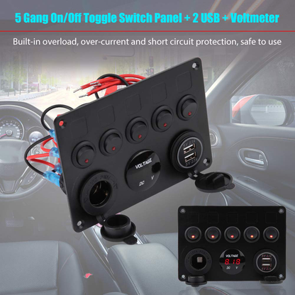 Digital voltmeter display on 5 gang rocker switch panel