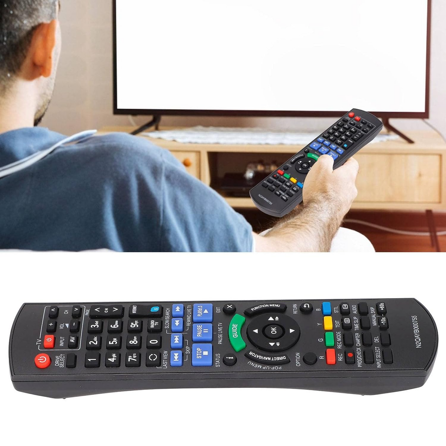 Replacement remote for Panasonic Blu-ray disc resting on wooden table
