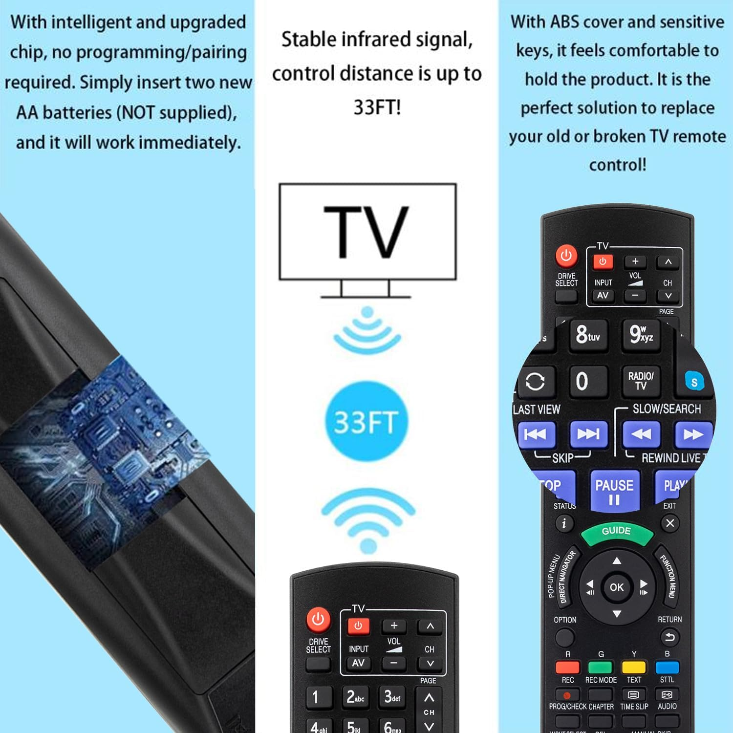 Replacement remote for Panasonic Blu-ray disc resting on wooden table