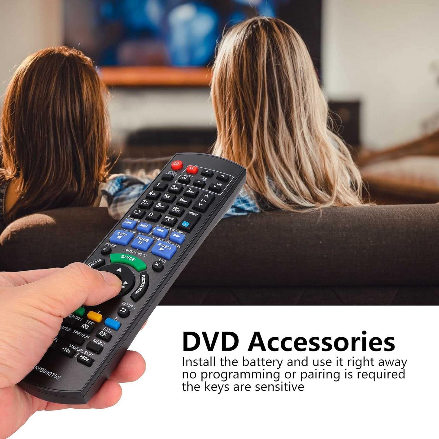 Replacement remote for Panasonic Blu-ray disc resting on wooden table
