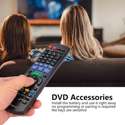 Replacement remote for Panasonic Blu-ray disc resting on wooden table