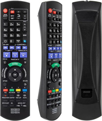 Replacement remote for Panasonic Blu-ray disc resting on wooden table