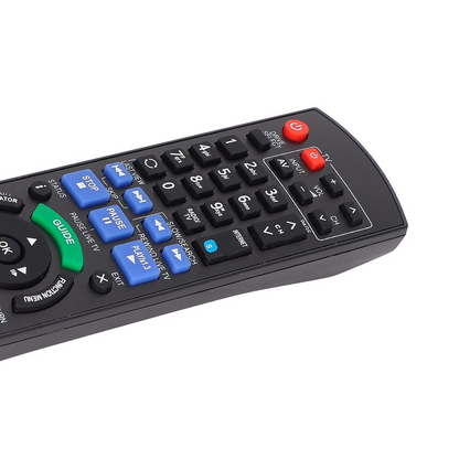 Top angle of replacement remote for Panasonic Blu-ray disc showing button layout