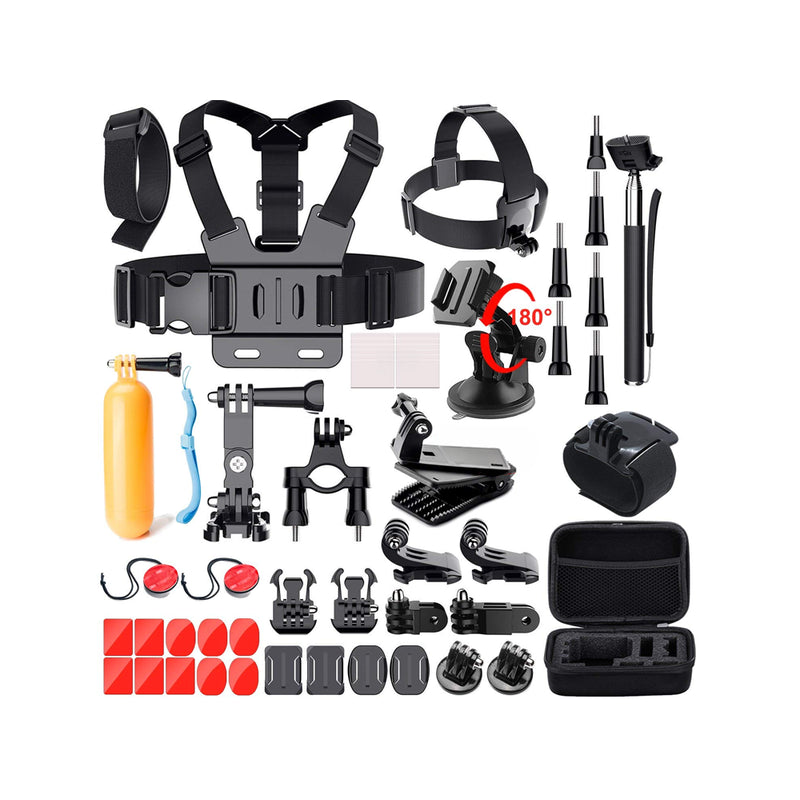 Action camera accessories kit showing all 49 pieces laid out