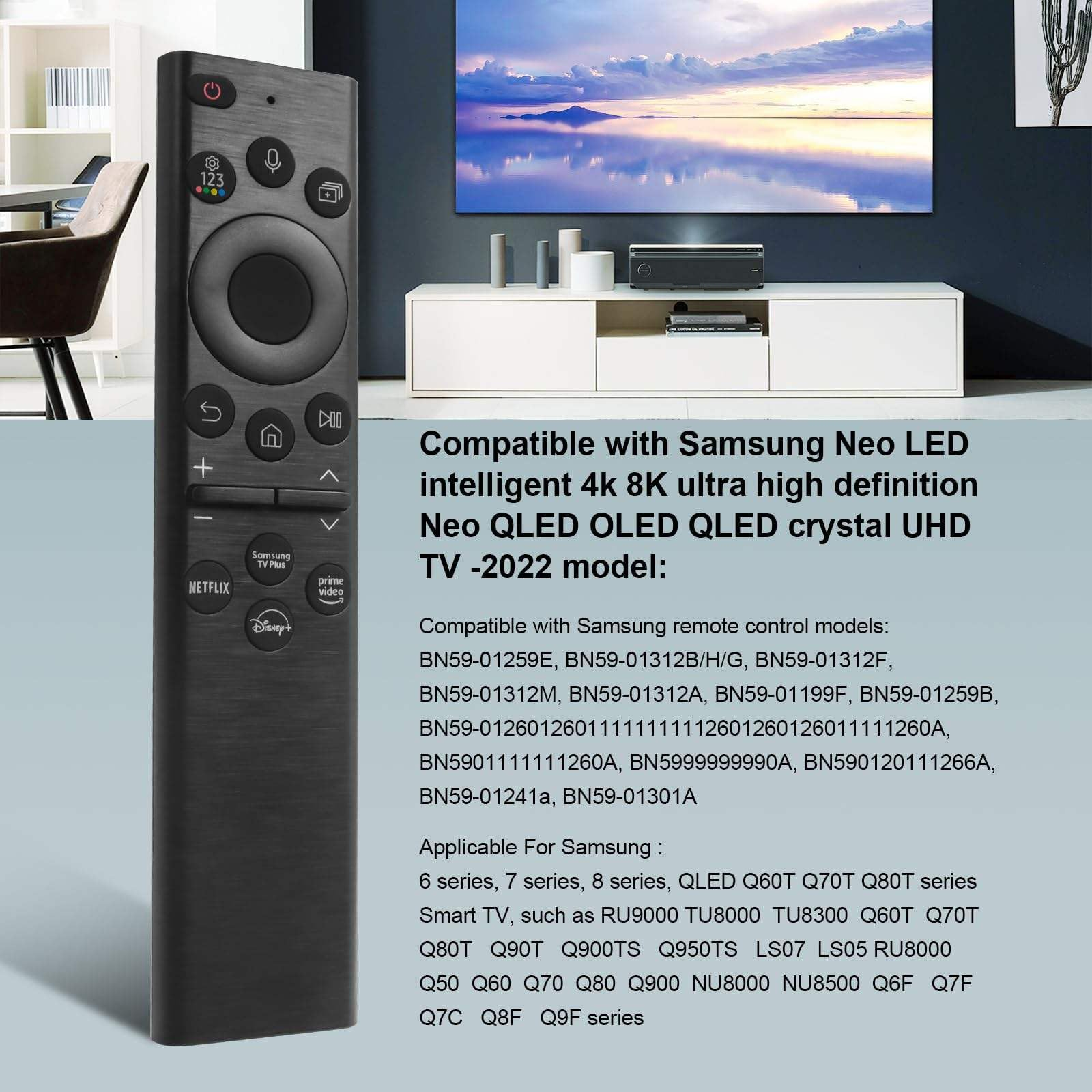 Close-up of Samsung smart solar TV remote voice control button