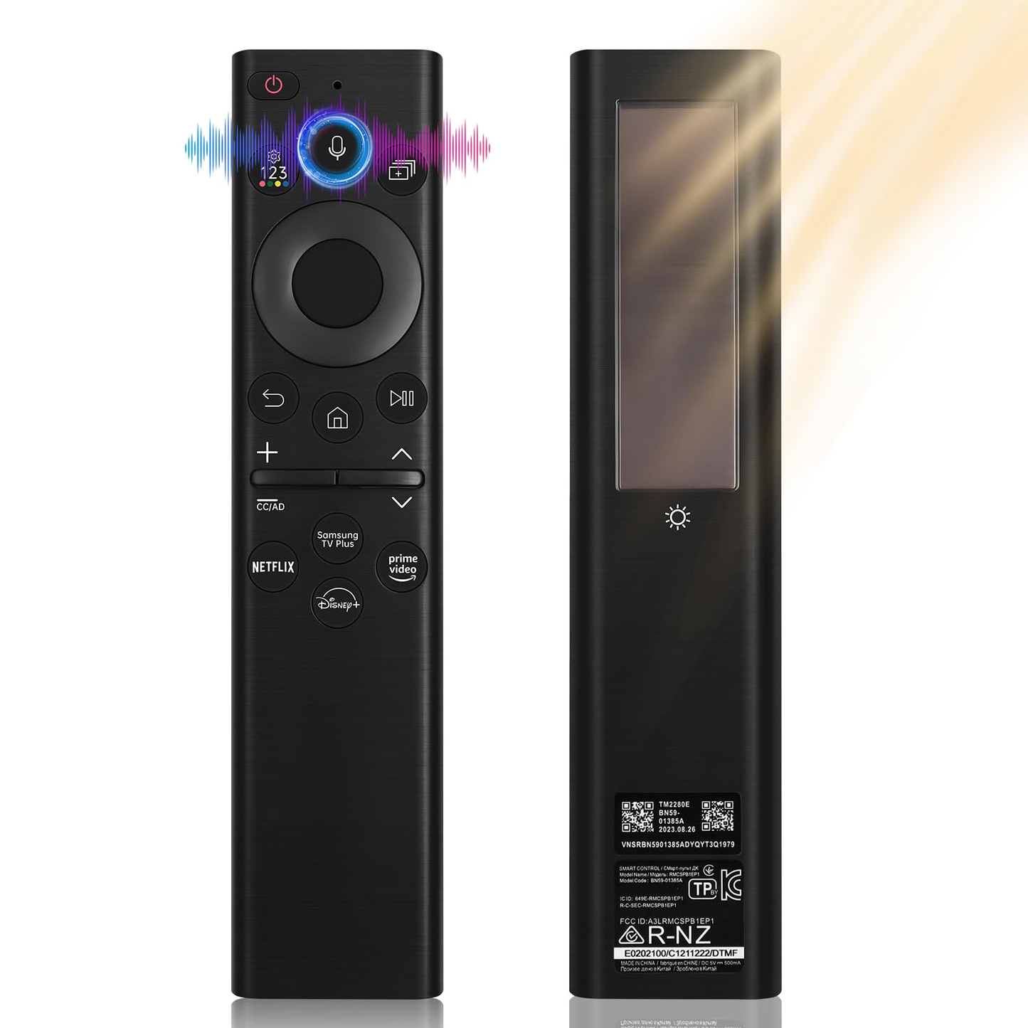 Top view of Samsung smart solar TV remote showing app shortcut keys