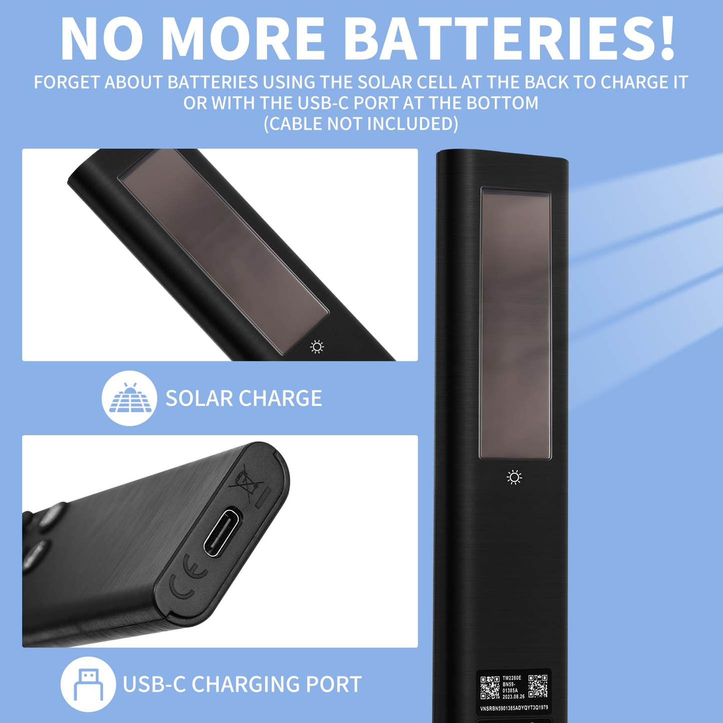 Samsung smart solar TV remote resting on wooden table