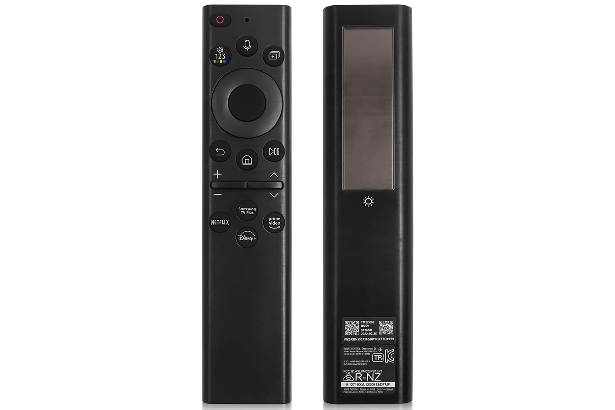 Side angle of Samsung smart solar TV remote with solar panel