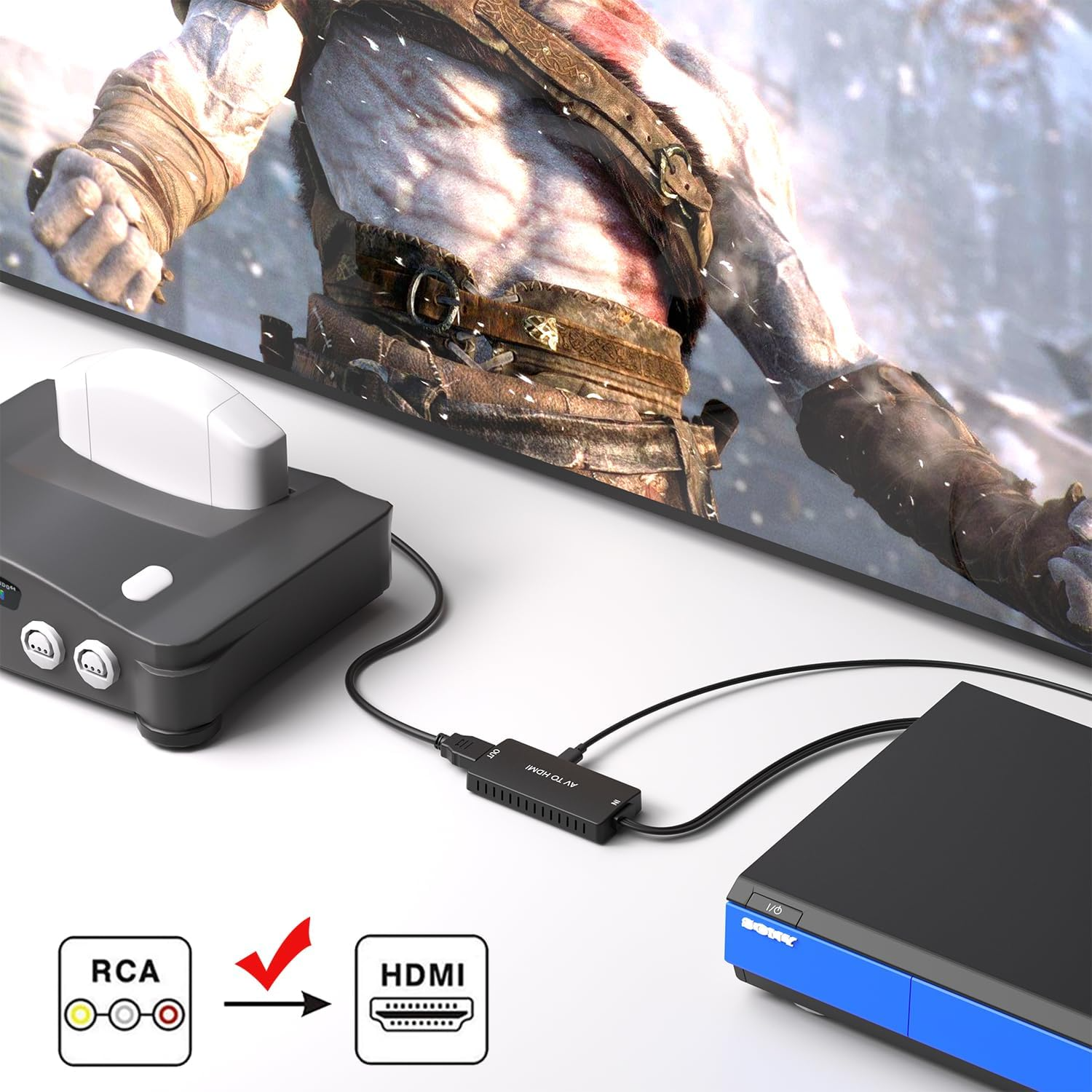 RCA to HDMI adapter displaying 1080p output on screen
