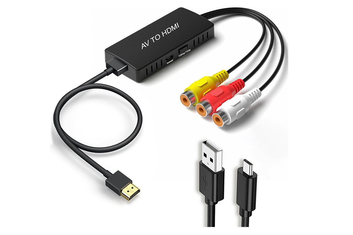Side angle of RCA to HDMI adapter with USB power cable