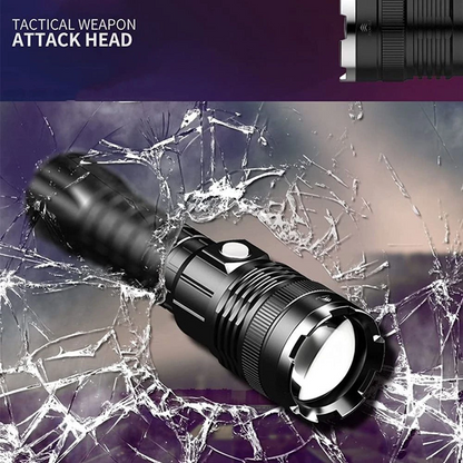 Close-up of rechargeable torch LED glowing power button