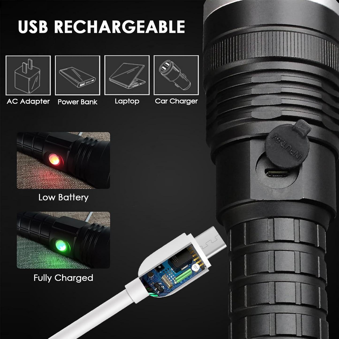 Light beam from rechargeable torch LED in dark setting