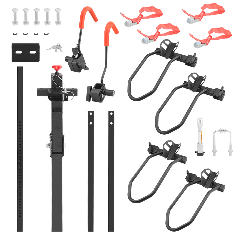 Side angle of bike carrier attached to 2 inch hitch receiver