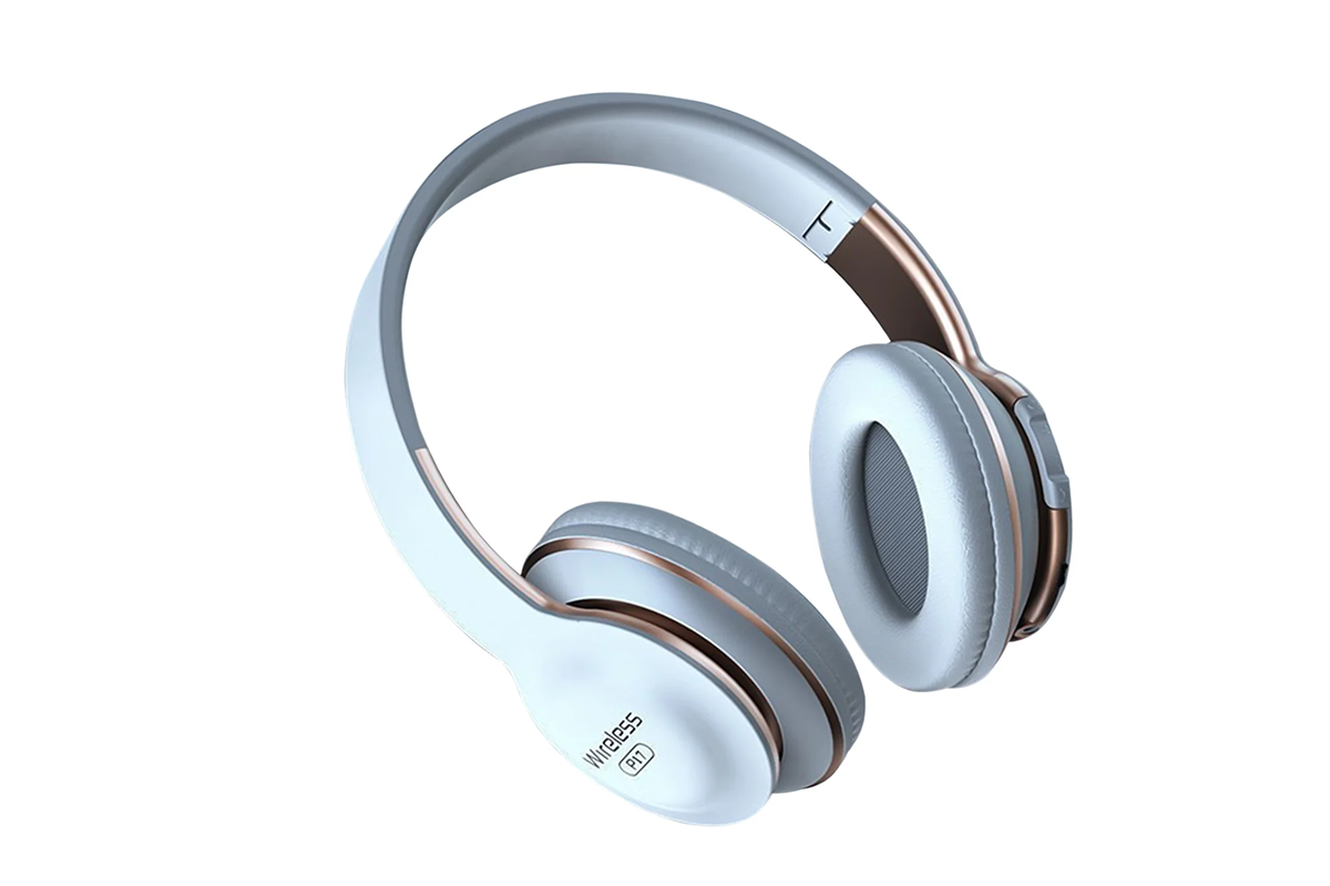 Close-up of white Bluetooth headphones cushioned ear pads