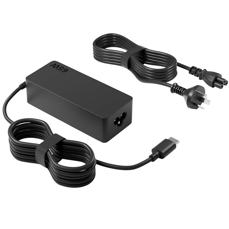 65W Lenovo laptop charger USB C showing front view with cable