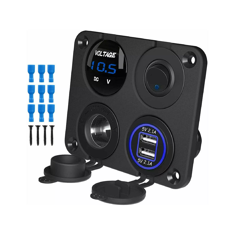 Marine boat rocker switch panel front view showing black aluminium finish