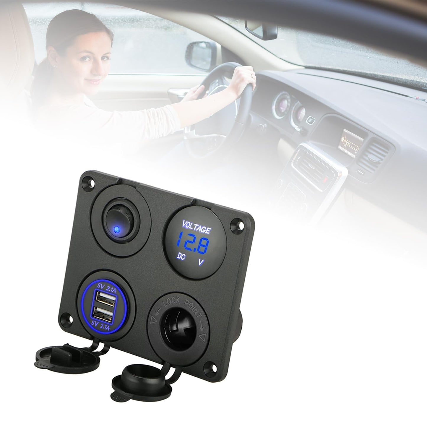 Blue LED indicators on switches of marine boat rocker switch panel