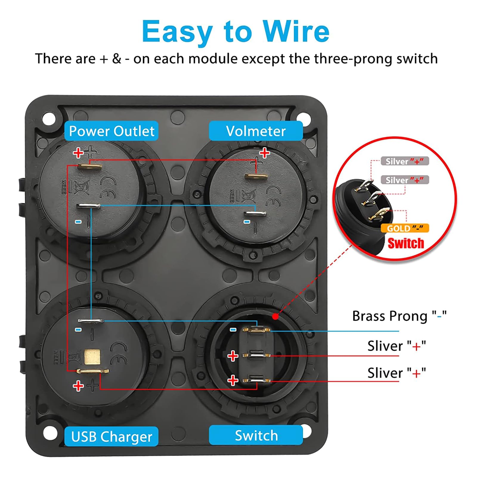 Marine boat rocker switch panel with included mounting screws