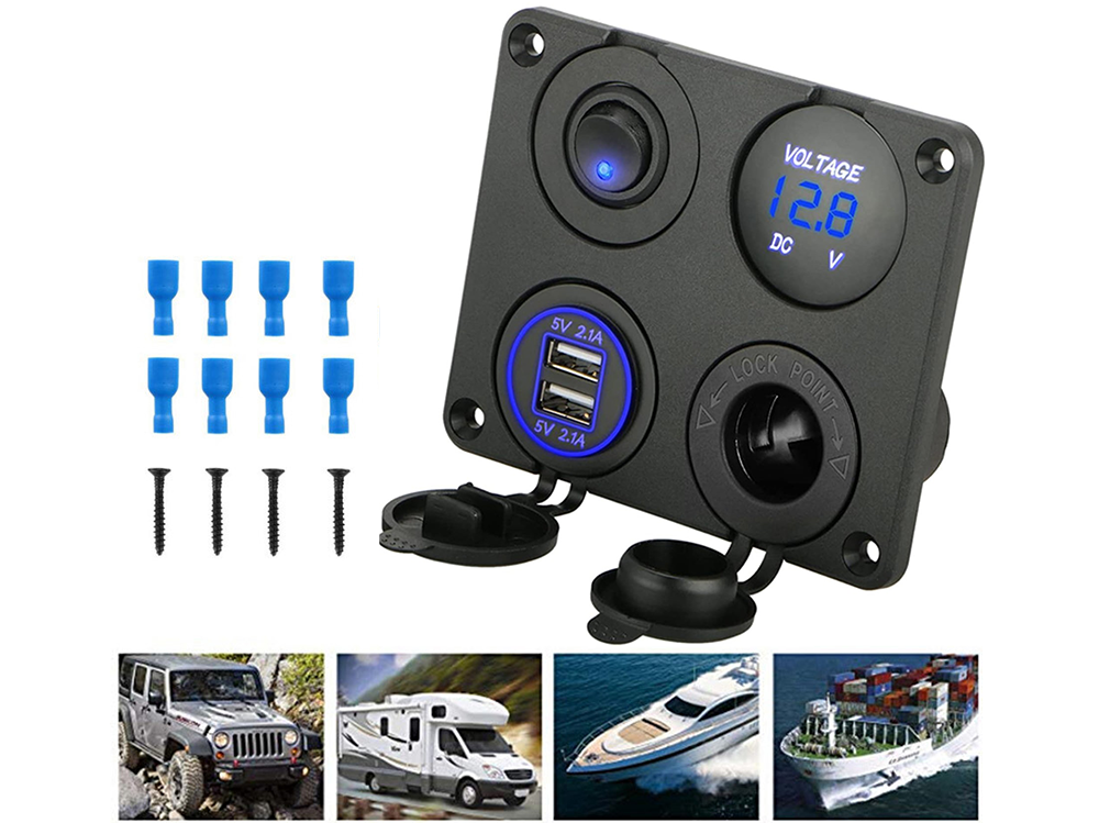 Digital voltmeter display on marine boat rocker switch panel in blue light