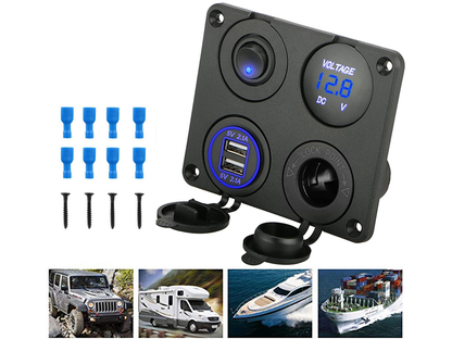Digital voltmeter display on marine boat rocker switch panel in blue light
