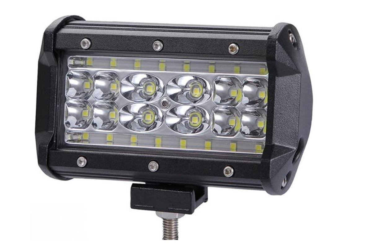 Side angle of 84W LED work light highlighting adjustable mount