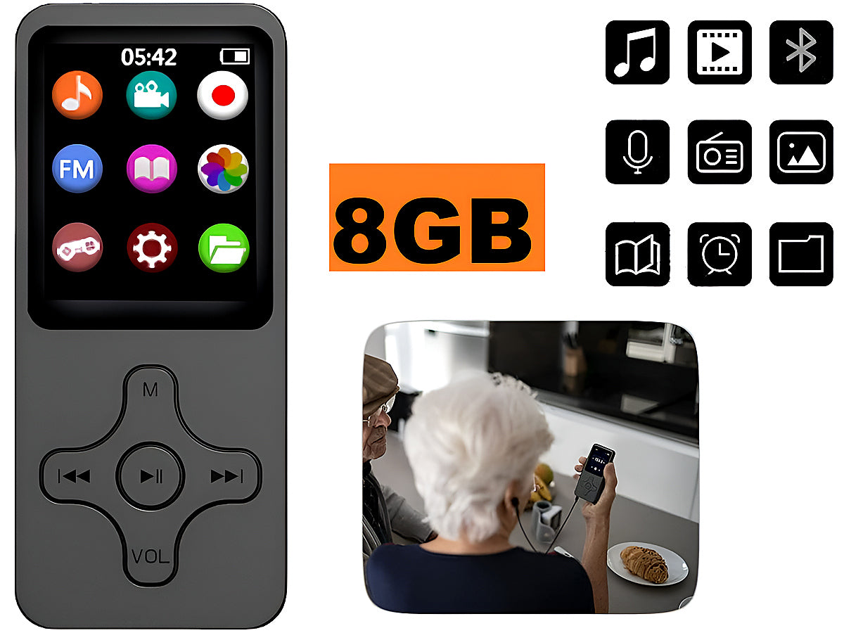 MP3 Player 8GB displaying FM radio interface on screen