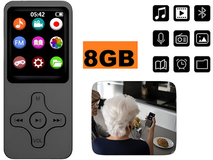 MP3 Player 8GB displaying FM radio interface on screen