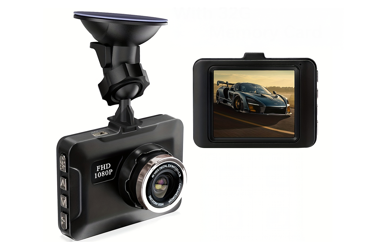 Side angle of car dash cam highlighting compact size