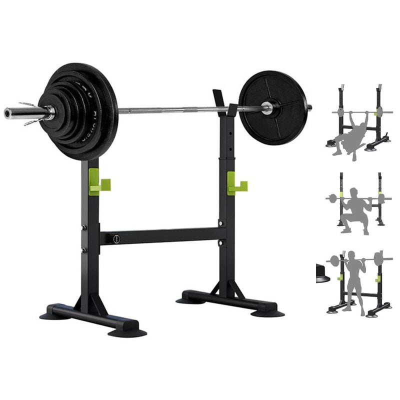 Adjustable squat rack stand green steel frame front view