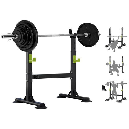 Adjustable squat rack stand green steel frame front view