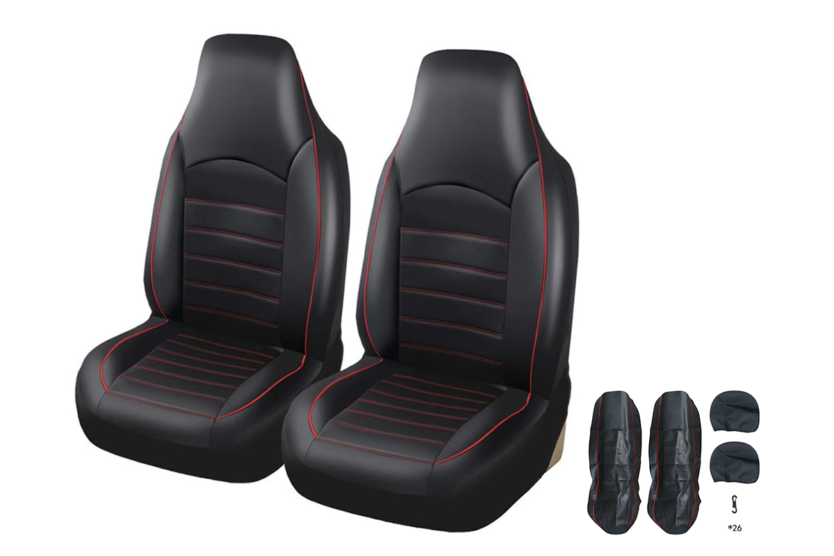 Close up of red stitching detail on car seat cover sets