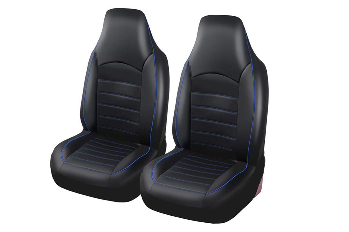 Close up of blue stitching on car seat covers set universal