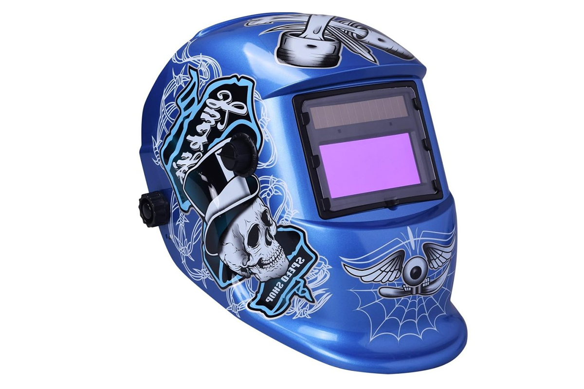 Side angle of welding helmet with adjustable tint control dial