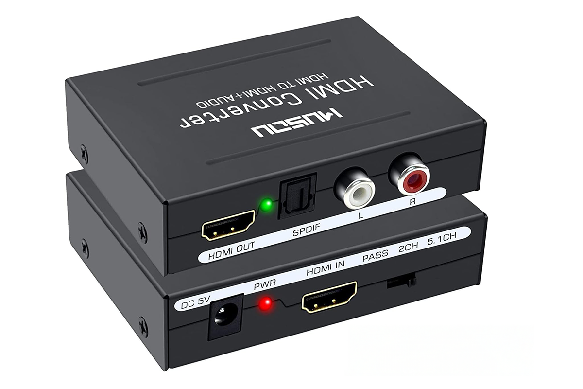 Close-up of HDMI to HDMI converter audio output ports