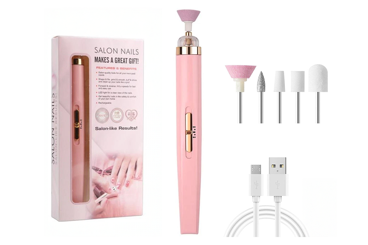 Close-up of electric nail drill kit grinding heads in pink