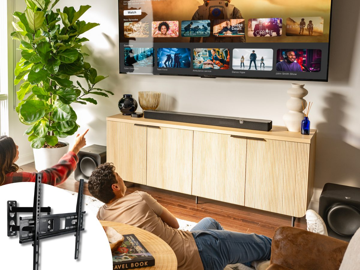 TV wall mount bracket showing slim profile close to wall