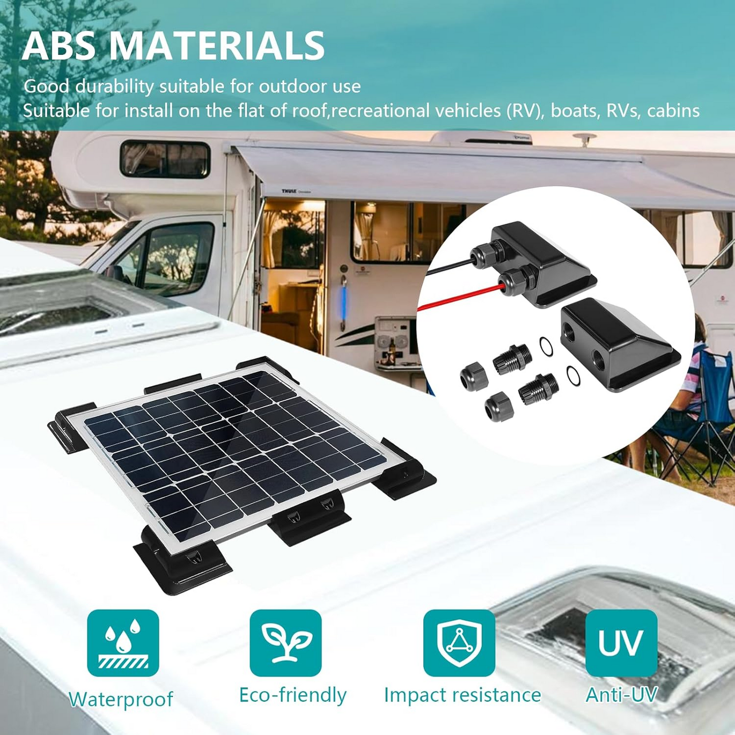 Solar panel mounting kit packaging with all mounting parts displayed