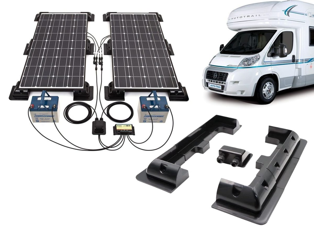 Solar panel mounting kit packaging with all mounting parts displayed