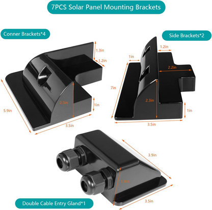 Solar panel mounting kit packaging with all mounting parts displayed