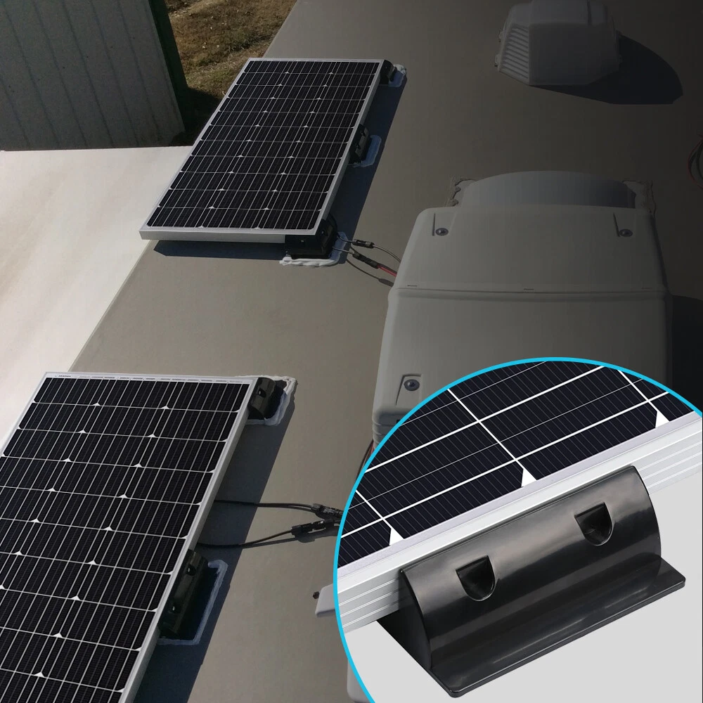 Solar panel mounting kit packaging with all mounting parts displayed