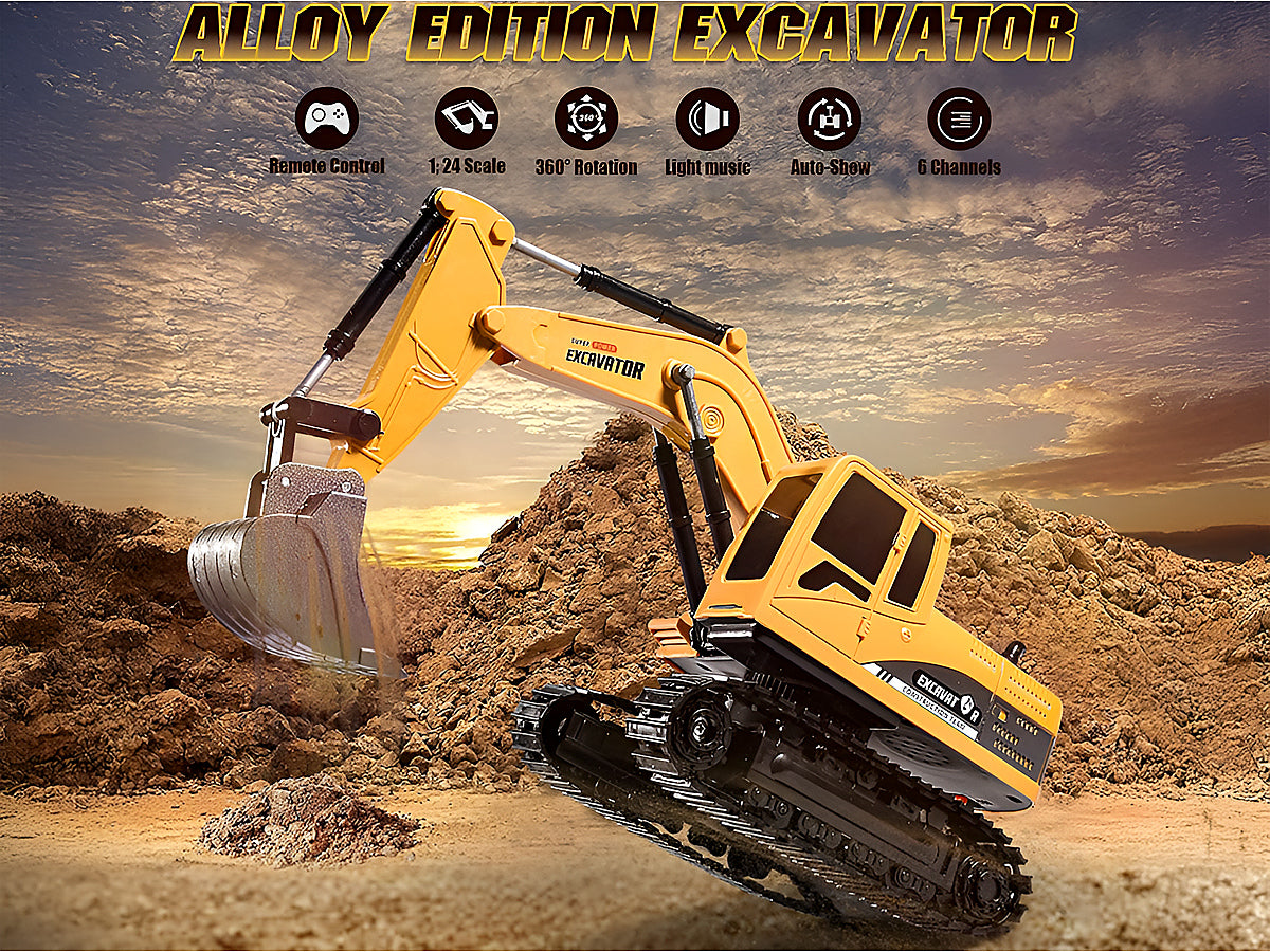 Top angle of RC digger excavator toy rotating cabin