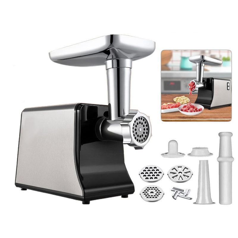 Meat grinder sausage maker mincer front view in silver and black