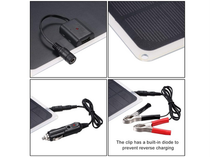 Solar Panel Charger Kit connected to a car cigarette lighter