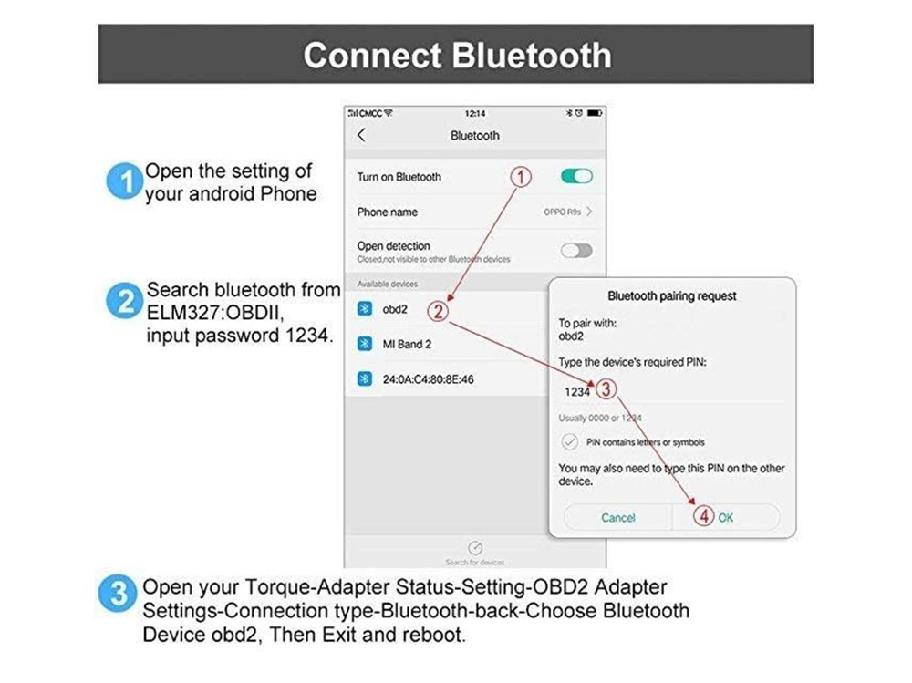 OBD2 scanner Bluetooth showing diagnostic trouble code reading